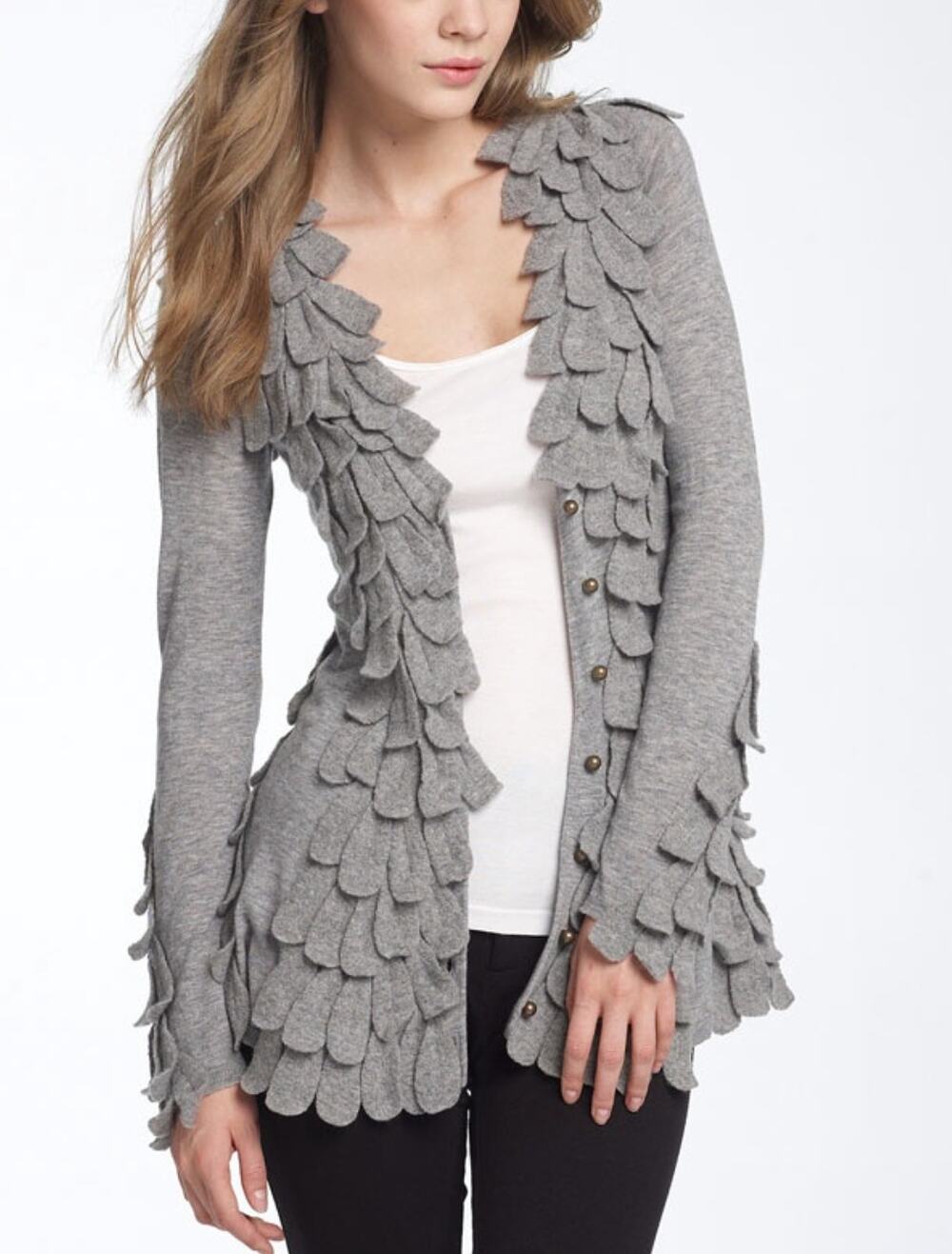 Leifsdottir Womens Cardigan Medium Feather Petal Applique Grey Wool Blend Knit